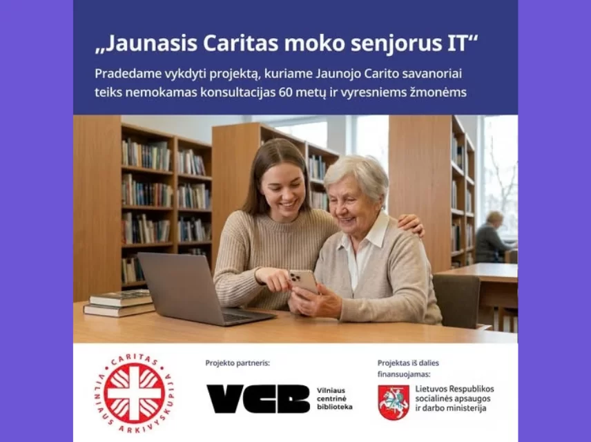 Išmaniųjų įrenginių konsultacijos senjorams „Jaunasis Caritas moko senjorus IT“ – Vilniaus centrinė biblioteka